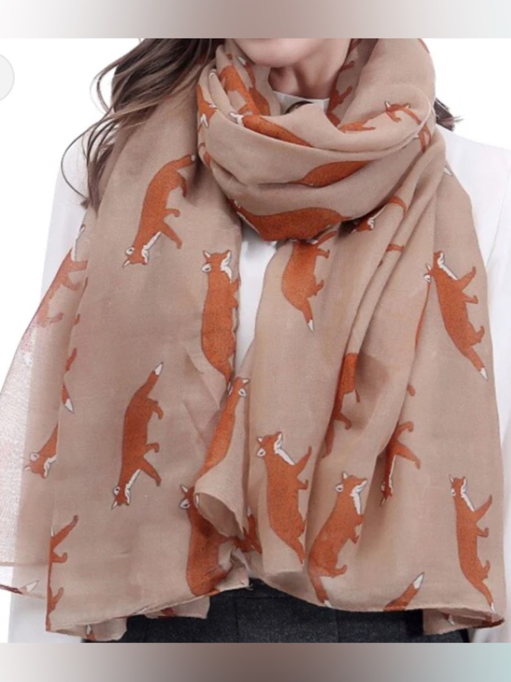 Running Foxes Scarf Print Scarf Wrap in Mocha Caramel